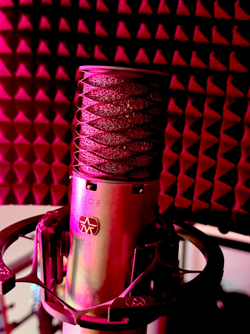 Microfono a condensatore davanti ai pannelli fonoassorbenti dello studio